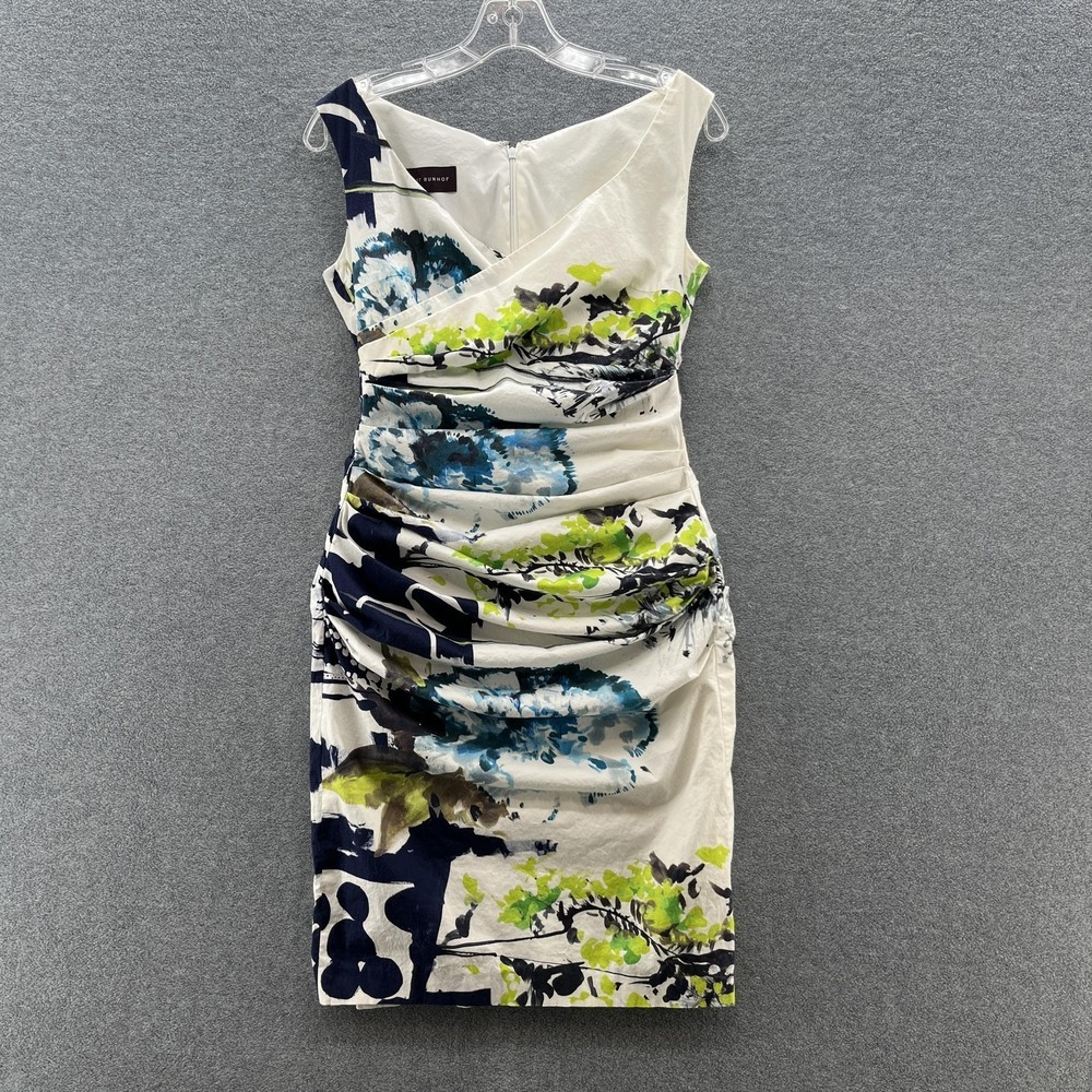 Talbot Runhof Dress 8 White Blue Floral Ruched Sheath Knee Length Garden Party